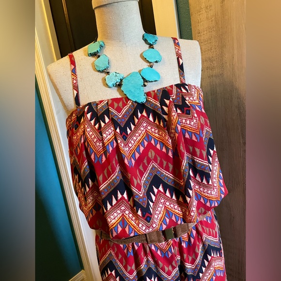 SIGNIFY Red Aztec Spaghetti Adjustable Strap Wide Leg Jumpsuit Women’s Size S - Picture 4 of 7